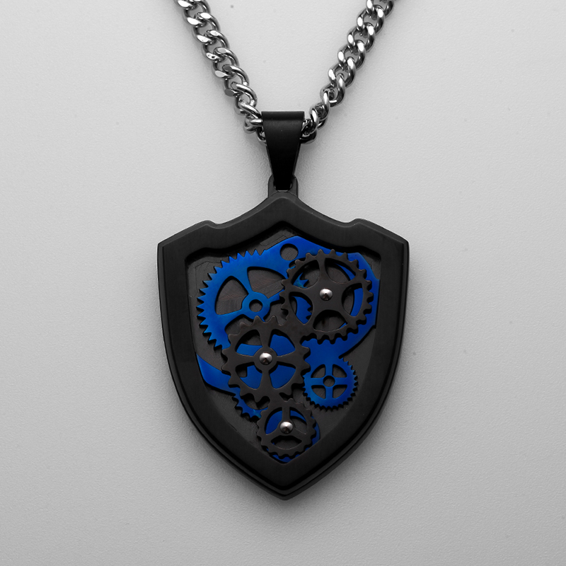 Gear Rostfritt stål hänge tvåfärgad svart & blå halsband Kreativa Mens hänge smycken